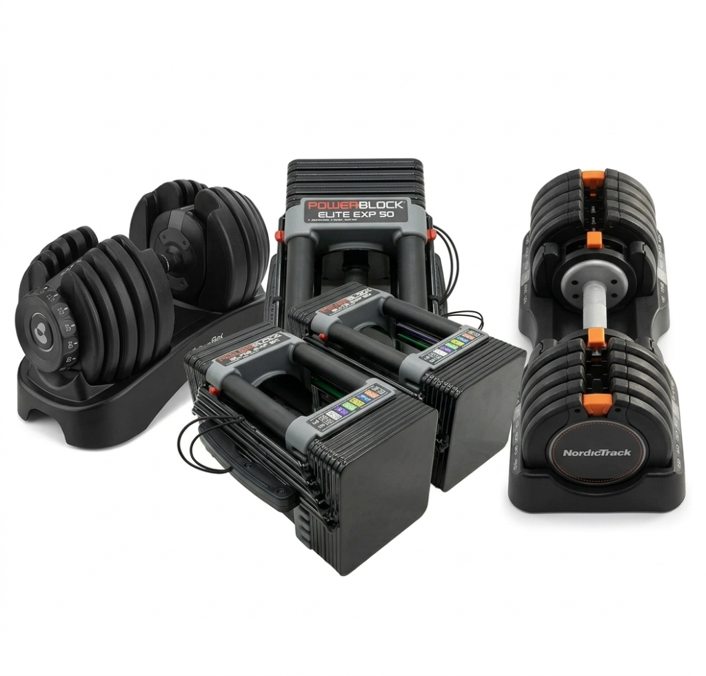 A picture showing the Bowflex SelectTech 552, NordicTrack Select-A-Weight , and PowerBlock Sport