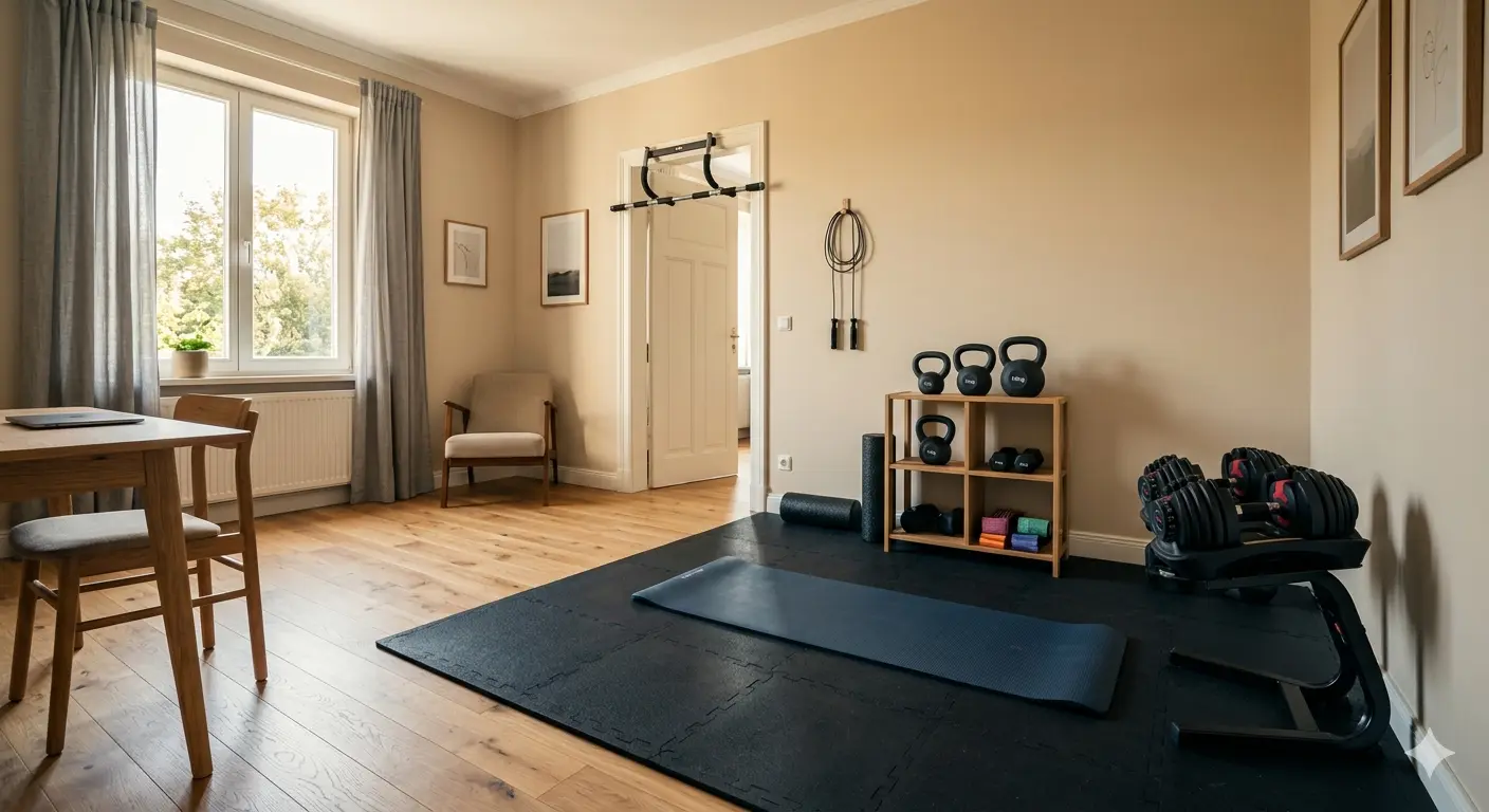 A home gym setup in a sunlit room featuring black interlocking floor mats, a yoga mat, adjustable dumbbells, kettlebells on a wooden shelf, and a pull-up bar installed in a doorway.