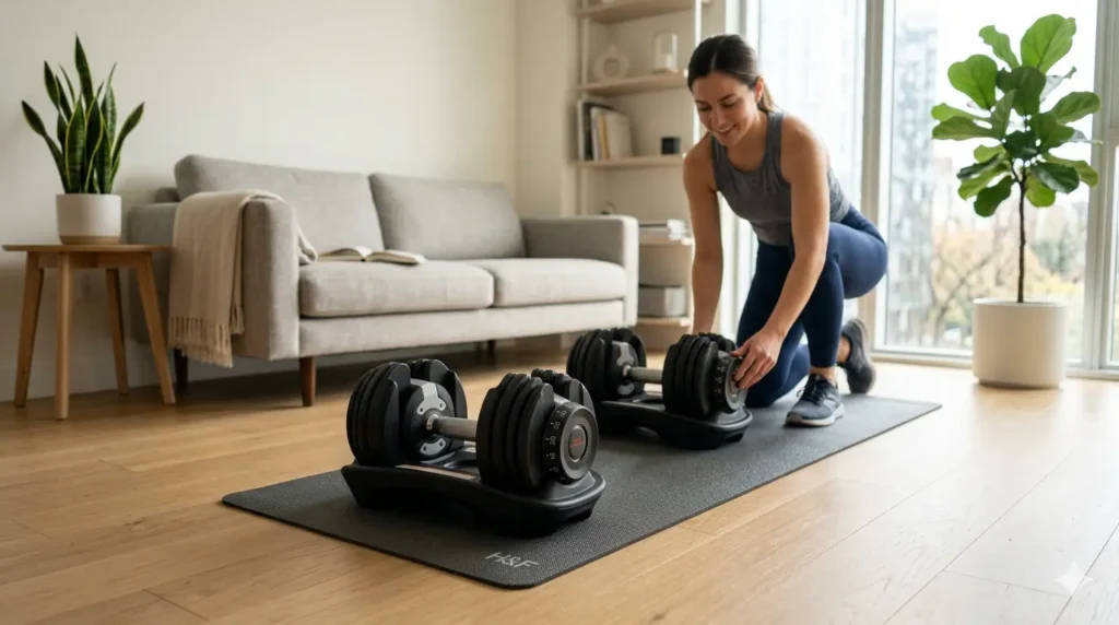 .A woman in athletic wear adjusts a pair of sleek, black adjustable dumbbells on a dark grey mat in a sunlit, minimalist apartment. In the blurred background are a grey sofa, indoor plants, and a large window.