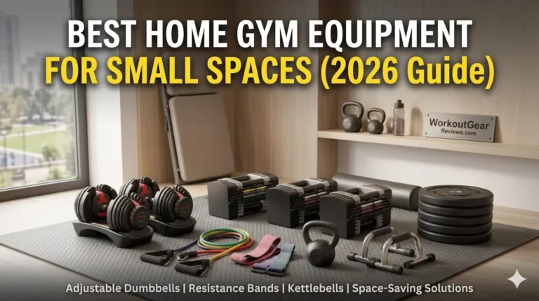 "BEST HOME GYM EQUIPMENT FOR SMALL SPACES (2026 Guide)" featuring various space-saving fitness tools like adjustable dumbbells, kettlebells, resistance bands, and push-up bars neatly arranged on a gray workout mat in a modern room.