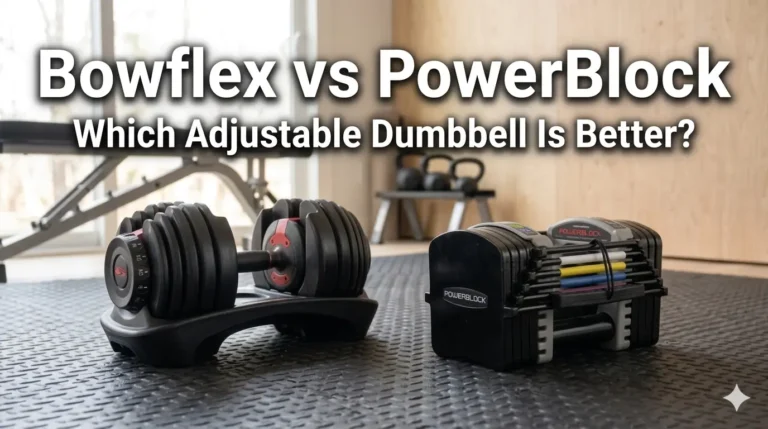 A side-by-side comparison of two popular adjustable dumbbells on a black gym mat. On the left is a rounded Bowflex SelectTech dumbbell in its base; on the right is a rectangular, color-coded PowerBlock dumbbell. Text overlay reads: "Bowflex vs PowerBlock: Which Adjustable Dumbbell Is Better?"