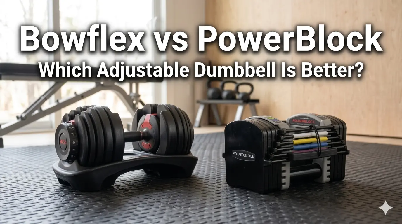 A side-by-side comparison of two popular adjustable dumbbells on a black gym mat. On the left is a rounded Bowflex SelectTech dumbbell in its base; on the right is a rectangular, color-coded PowerBlock dumbbell. Text overlay reads: "Bowflex vs PowerBlock: Which Adjustable Dumbbell Is Better?"