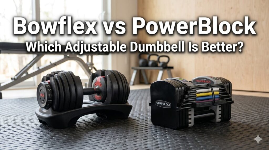 A professional 16:9 blog thumbnail comparing two adjustable dumbbells in a modern home gym. On the left is a round-plate Bowflex-style dumbbell; on the right is a rectangular PowerBlock-style dumbbell. Bold white overlay text reads: "Bowflex vs PowerBlock: Which Adjustable Dumbbell Is Better?
