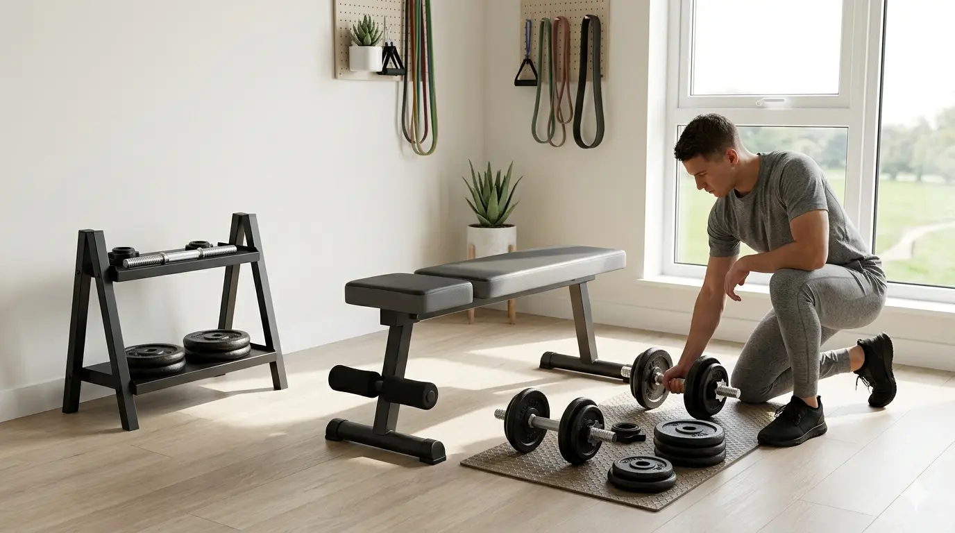 A lifestyle photograph of a clean, minimalist home gym in a bright apartment. A man in grey athletic wear kneels on a small floor mat, adjusting a black cast iron spin-lock dumbbell. The setup includes a second dumbbell, several extra weight plates stacked on the floor, and a compact black workout bench. In the background, a small A-frame storage rack holds more weights, while resistance bands hang neatly on a wall pegboard near a large window with natural light.
