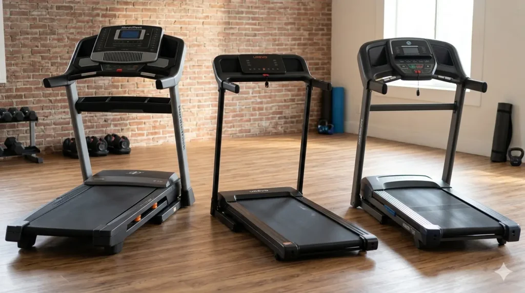 Three different treadmills are lined up side-by-side in a well-lit home gym with a brick wall and wooden floors. On the left is a robust NordicTrack T Series 6.5S with a large console; in the middle is a slim, minimalist UREVO 2-in-1 folding treadmill; and on the right is a Horizon T101 with a wide belt and integrated fans. Free weights and a yoga mat are visible in the background.