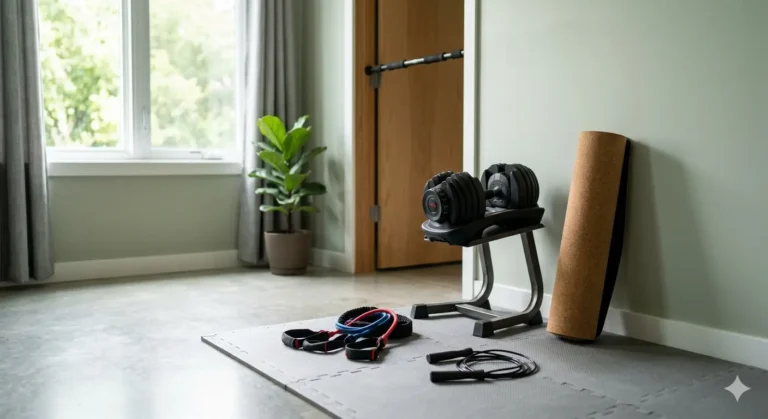 A minimalist home gym setup featuring adjustable dumbbells on a stand, a rolled-up cork yoga mat leaning against a wall, resistance bands, and a jump rope on gray foam floor tiles