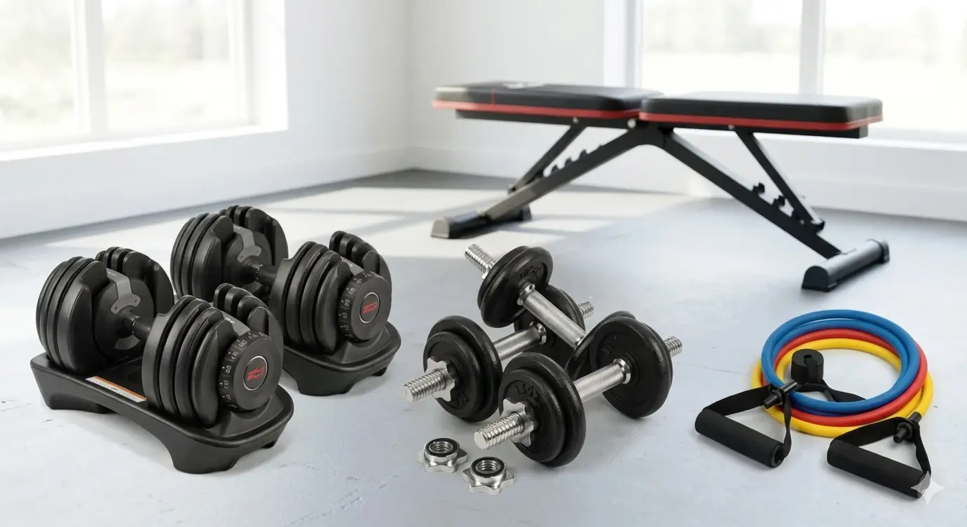 An assortment of home gym equipment is arranged on a light gray floor in a bright, sunlit room. In the foreground, there are two adjustable dumbbells in their bases, a pair of standard chrome dumbbells with extra weight plates and spin-lock collars nearby, and a set of colorful resistance bands with black foam handles. In the background, a black and red adjustable weight bench sits positioned near a large window.