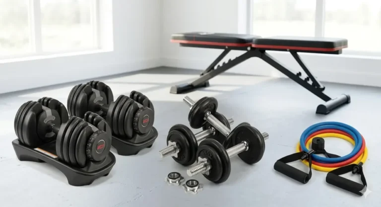 An assortment of home gym equipment is arranged on a light gray floor in a bright, sunlit room. In the foreground, there are two adjustable dumbbells in their bases, a pair of standard chrome dumbbells with extra weight plates and spin-lock collars nearby, and a set of colorful resistance bands with black foam handles. In the background, a black and red adjustable weight bench sits positioned near a large window.