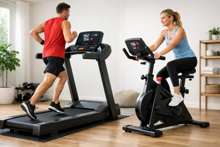 Treadmill vs exercise bike comparison showing running and cycling workouts for weight loss in a home gym