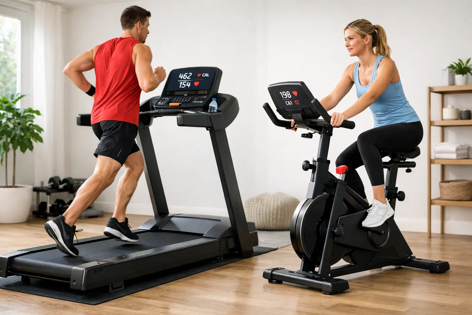 Treadmill vs exercise bike comparison showing running and cycling workouts for weight loss in a home gym