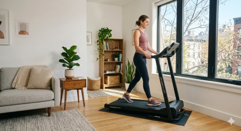 A woman in athletic wear walks on a black foldable treadmill in a bright, modern living room. The room features hardwood floors, a gray sofa, indoor plants, and a large window overlooking a city street. The treadmill is positioned on a protective equipment mat.