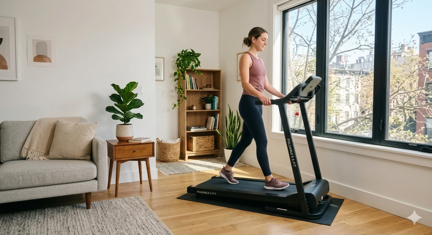 A woman in athletic wear walks on a black foldable treadmill in a bright, modern living room. The room features hardwood floors, a gray sofa, indoor plants, and a large window overlooking a city street. The treadmill is positioned on a protective equipment mat.