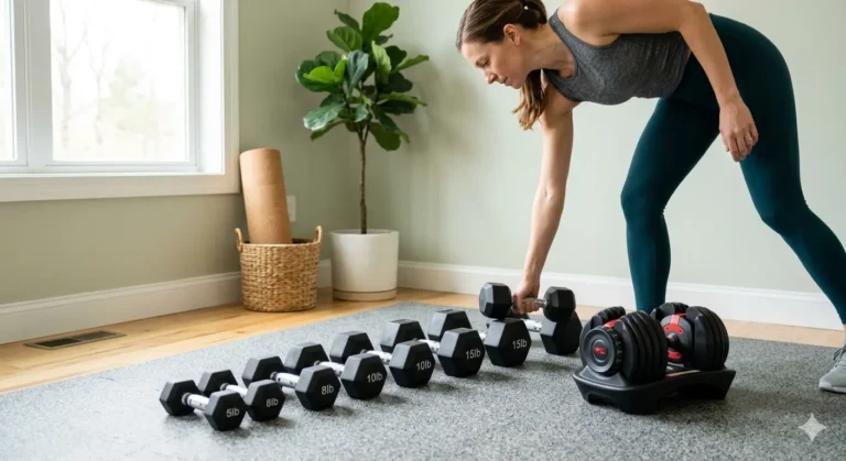A variety of rubber-coated hex dumbbells labeled with beginner weights arranged neatly in a bright home gym, illustrating how to choose the right resistance.