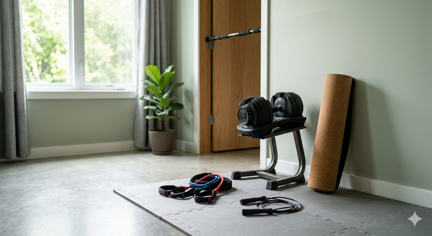 modern minimalist home gym setup featuring a cork yoga mat, adjustable dumbbells, resistance bands, and interlocking floor mats, showing how to start working out on a budget.