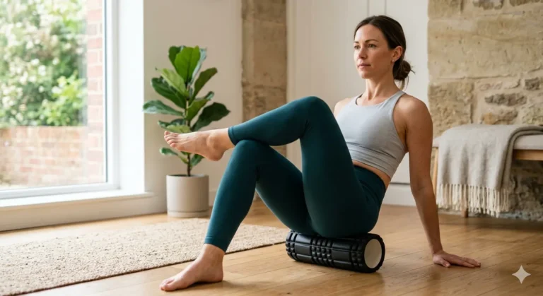 A person in a home gym setting demonstrating the correct way to foam roll the glutes to safely address lower back tension, as described in the guide.