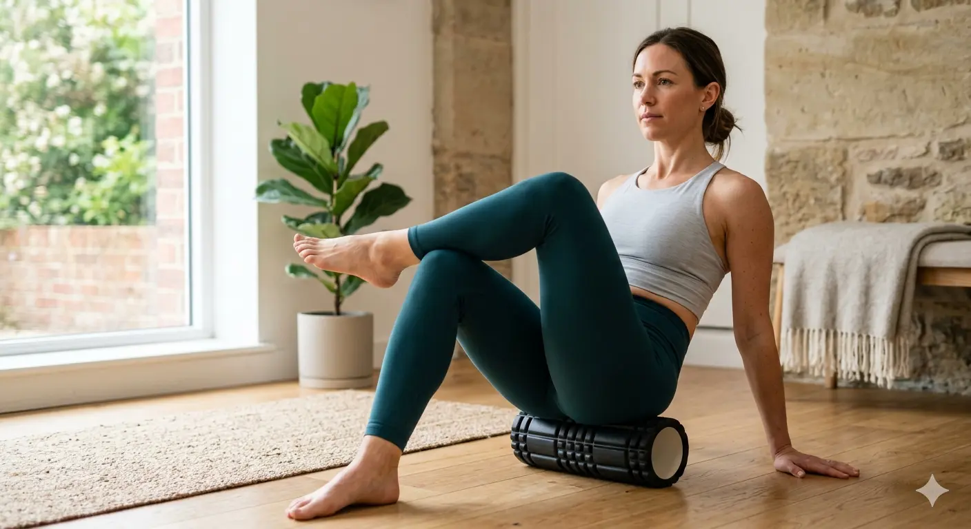 A person in a home gym setting demonstrating the correct way to foam roll the glutes to safely address lower back tension, as described in the guide.