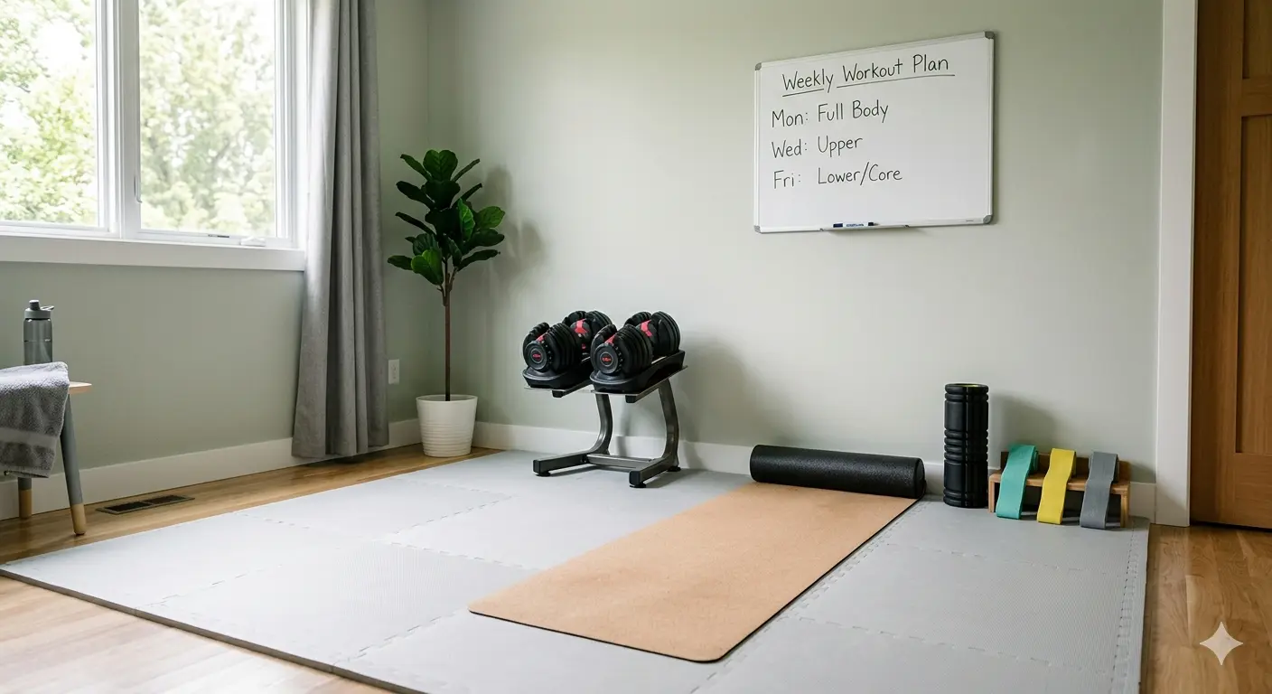 A minimalist and perfectly organized home gym setup featuring a cork yoga mat, adjustable dumbbells, and a visible workout plan, illustrating the smart, essential approach for beginners.