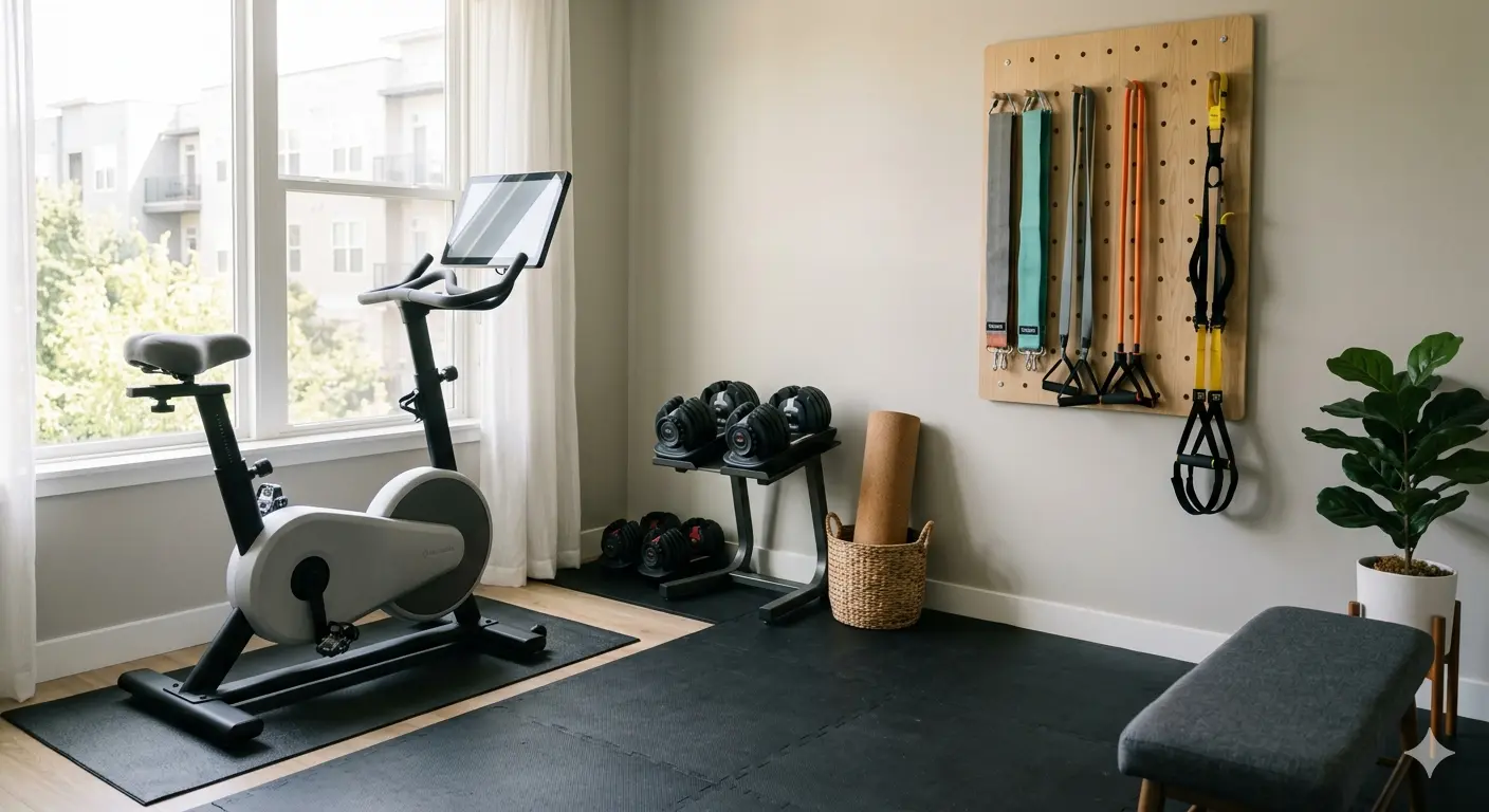 A sunlit modern apartment corner converted into a quiet home gym with thick black rubber floor mats, a magnetic resistance bike, and adjustable dumbbells