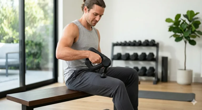 A person demonstrating the correct technique for using a modern percussive massage gun on the thigh muscle for controlled recovery.