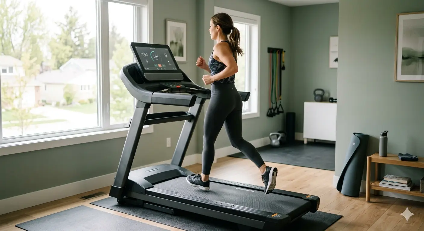 A modern motorized treadmill with a cushioned deck and digital console is set up next to a bright window in a tidy home gym, representing a smart fitness investment.