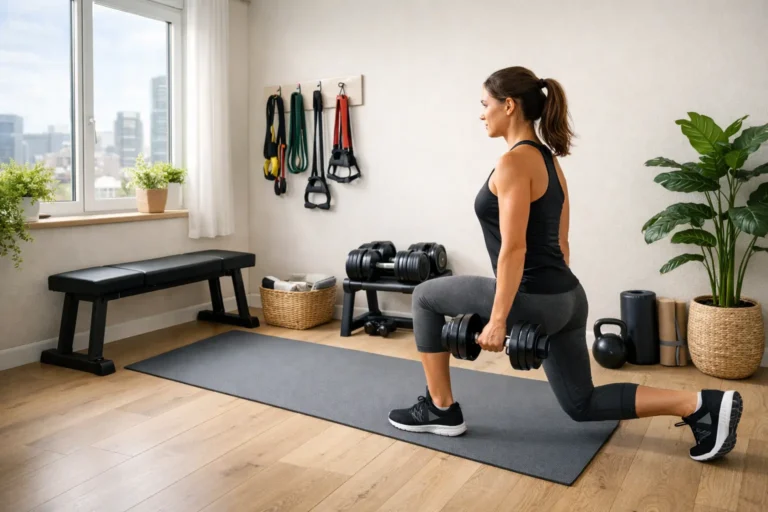 A woman in athletic wear performs lunges with dumbbells on a yoga mat in a bright home gym. The room includes a weight bench, adjustable dumbbells, and resistance bands hanging on the wall.
