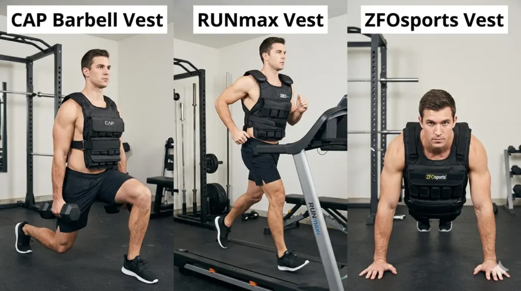 Three-panel comparison showing a man in a CAP Barbell vest lunging, in a RUNmax vest running, and in a ZFOsports vest doing a push-up, labeled in a gym.