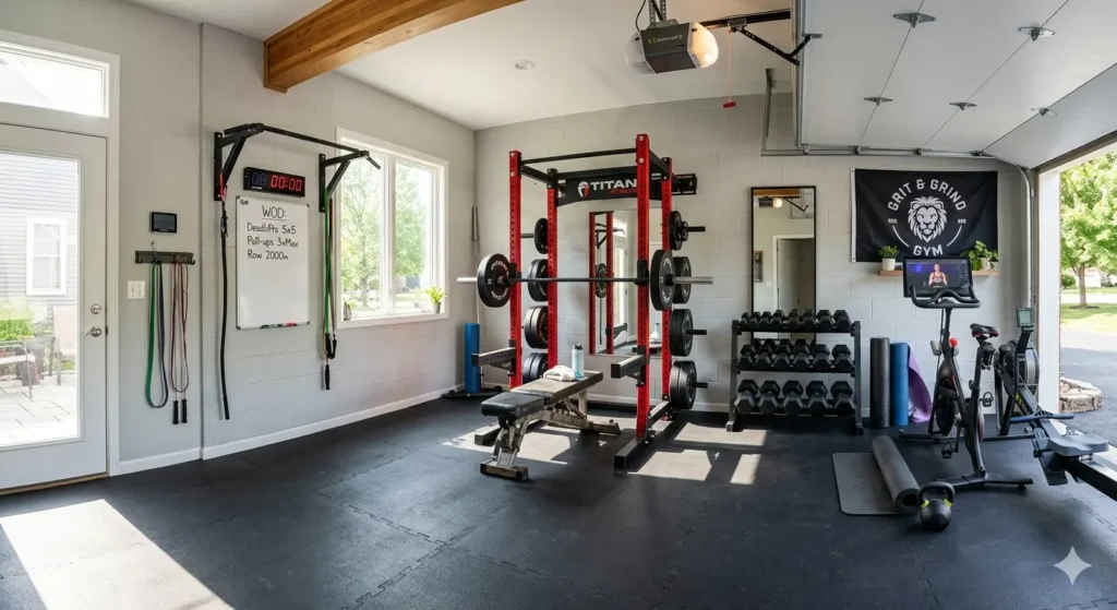 A well-equipped garage gym with a red power rack, dumbbell rack, stationary bike, and rowing machine. The space features black rubber flooring, a wall-mounted pull-up bar, and natural light from an open garage door.