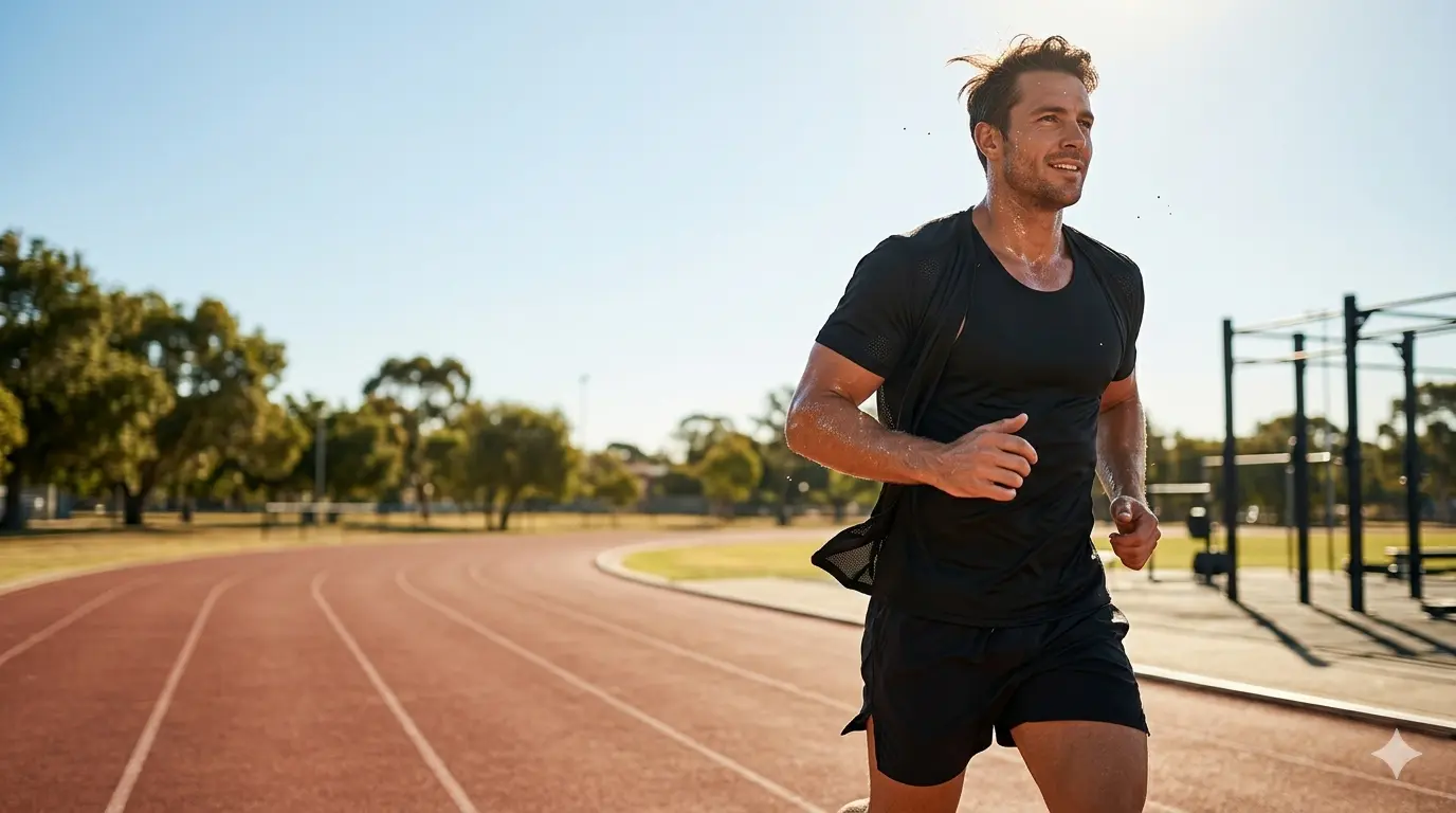 A fit man runs along a red outdoor track under a bright, clear sky. He is wearing a black moisture-wicking t-shirt and black running shorts. Beads of sweat are visible on his skin, reflecting the warm sunlight, and the lightweight fabric of his shirt flows behind him to suggest airflow and cooling. The background features a blurred park with trees and an outdoor gym structure, with a wide-angle composition that provides negative space on the left side of the frame.
