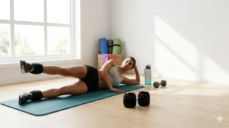 A fit woman performs side-lying leg lifts with black ankle weights on a yoga mat in a sunlit home gym.