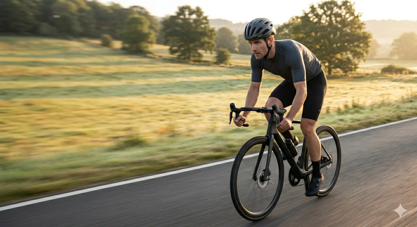 A cyclist rides a black road bike at golden hour.