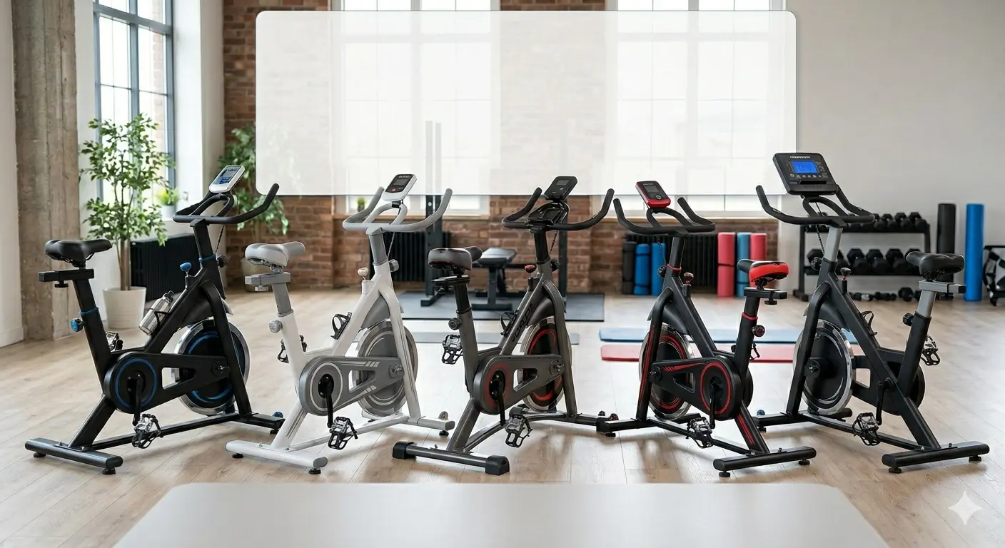 A side-by-side comparison of five different indoor spin bikes in a bright home gym.