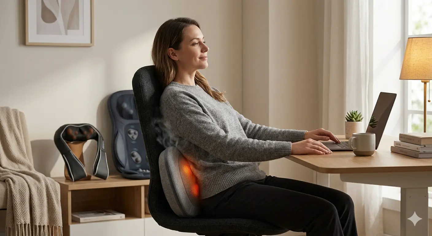 Woman works at a desk using a heated back massager pillow.