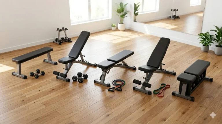 A variety of black workout benches, dumbbells, and resistance bands are arranged on a light wood floor in a bright, modern home gym.
