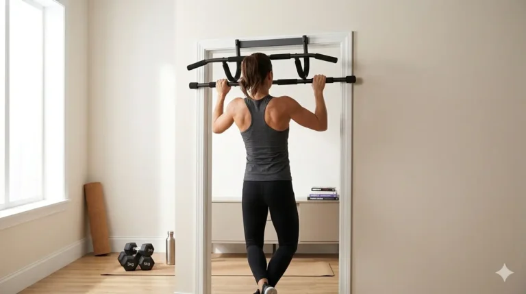 Rear view of an athletic woman performing a pull-up on a doorway chin-up bar in a bright, minimalist home gym.