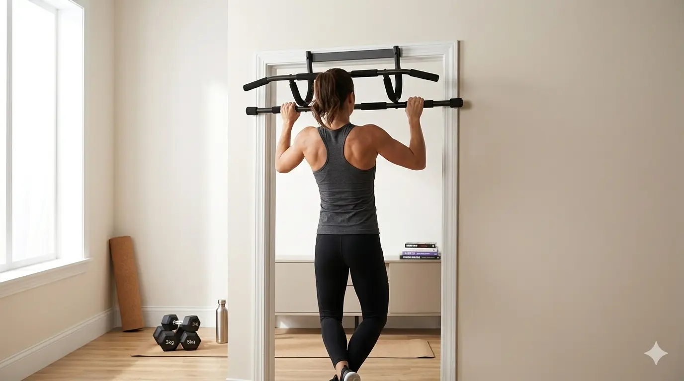 Rear view of an athletic woman performing a pull-up on a doorway chin-up bar in a bright, minimalist home gym.