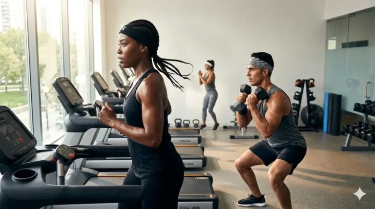 Three athletes wearing headbands work out in a bright gym: a woman runs on a treadmill, a man performs weighted squats, and another woman exercises in the background.