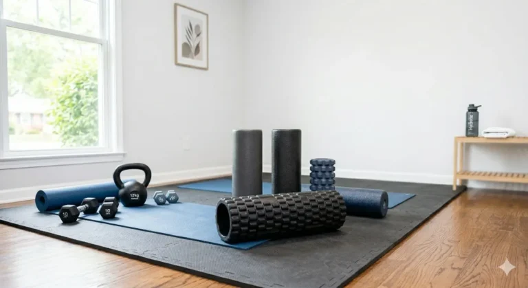 A collection of black and blue foam rollers, dumbbells, and kettlebells are arranged on a workout mat in a minimalist home gym setting.