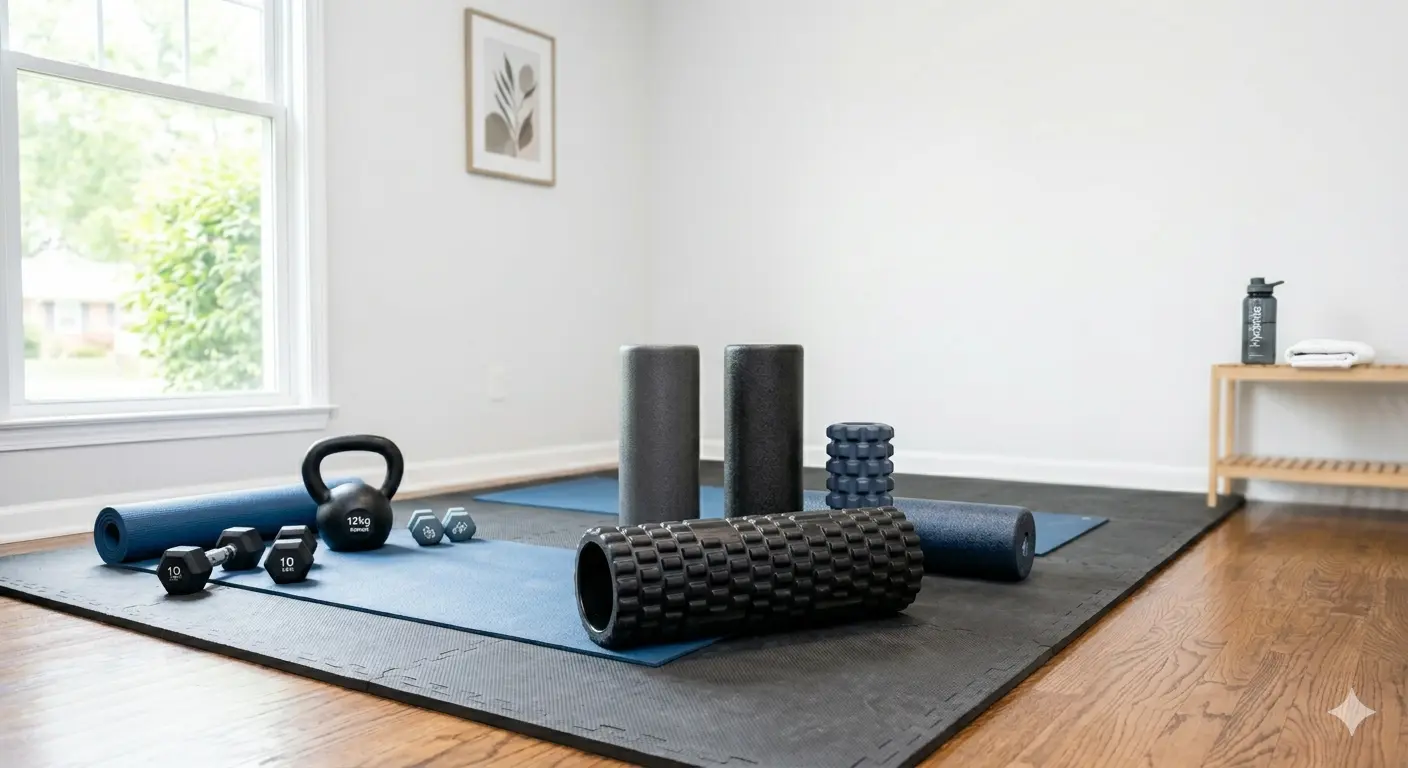 A collection of black and blue foam rollers, dumbbells, and kettlebells are arranged on a workout mat in a minimalist home gym setting.
