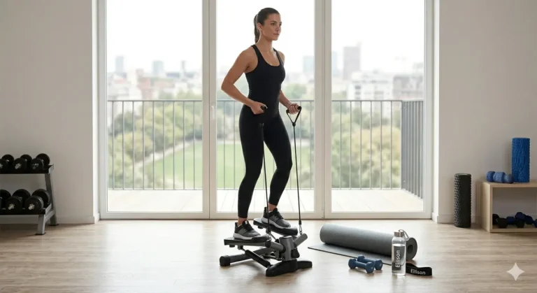 A woman uses a stair stepper in a bright home gym.