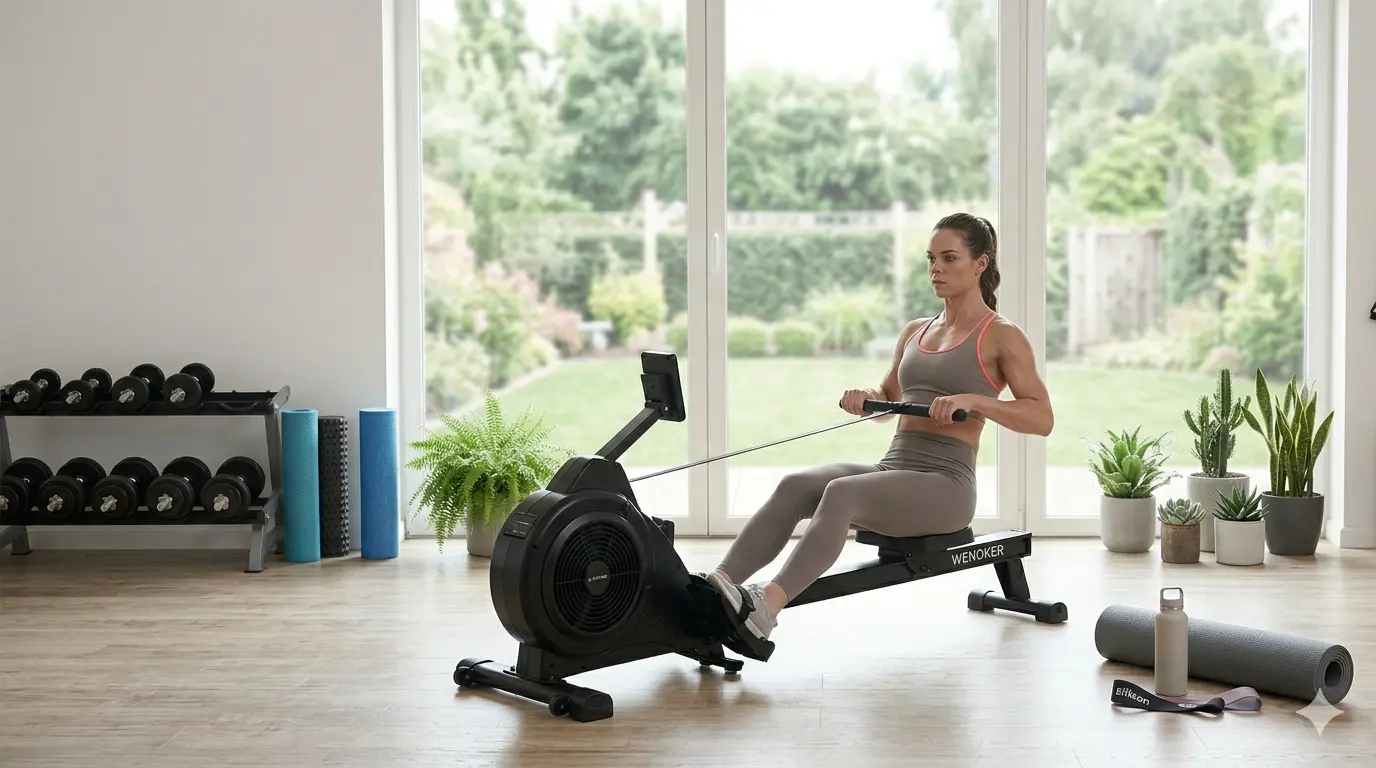 A woman uses a rowing machine in a bright, modern home gym.