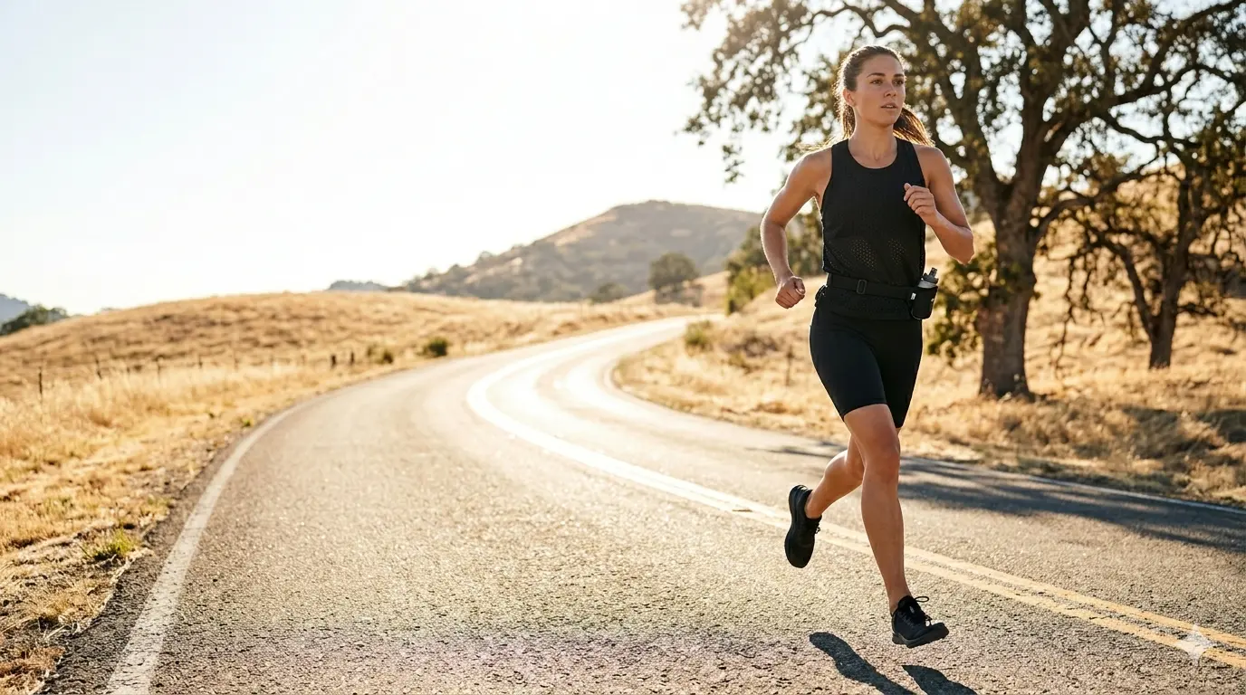 A woman in a black athletic outfit and hydration belt runs down a winding road in a sunlit, golden hilly landscape with a large oak tree nearby.