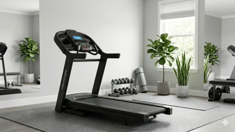 A modern, light-filled home gym featuring a black treadmill on a mat.