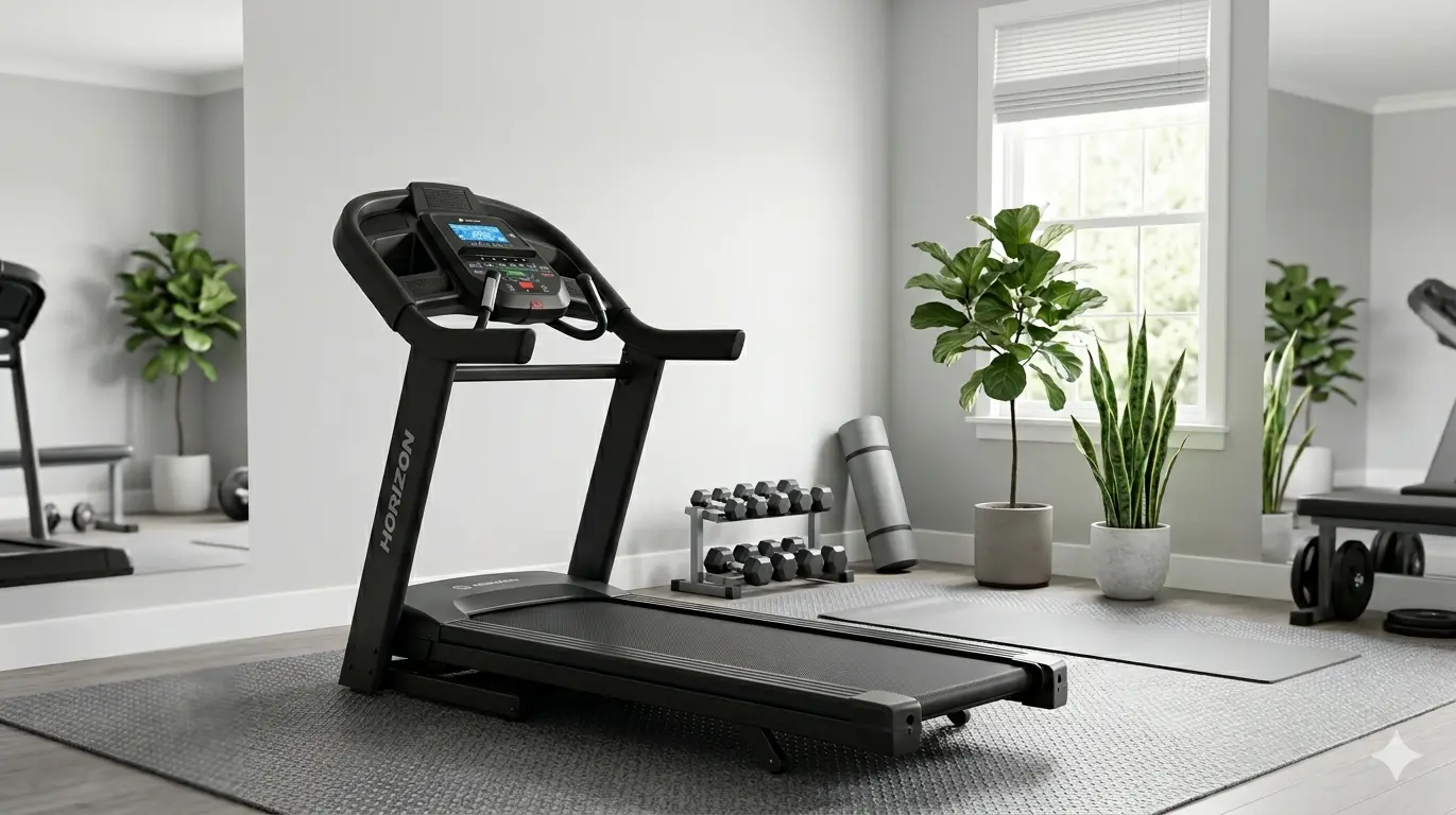 A modern, light-filled home gym featuring a black treadmill on a mat.