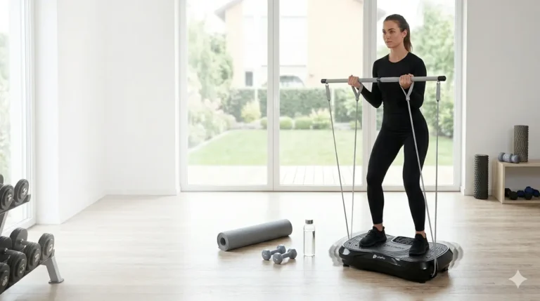 A woman uses a vibrating exercise plate and resistance bands in a bright home gym.