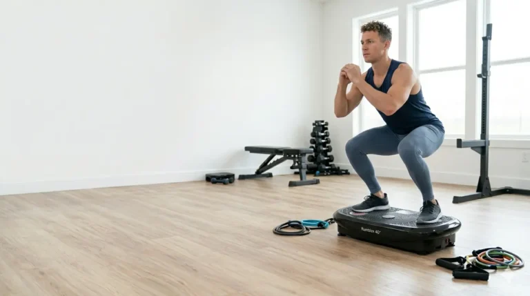 A man performs a squat on a black vibration plate in a minimalist, sunlit home gym.