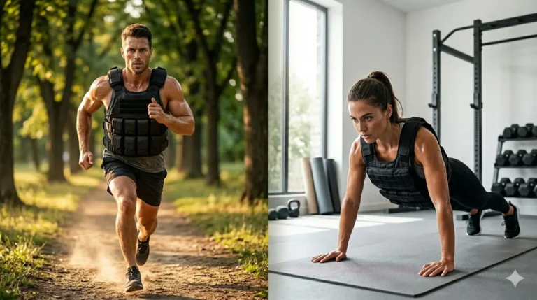 A split-screen image showing a man running on a sunlit park trail and a woman doing push-ups in a home gym, both wearing black adjustable weighted vests.