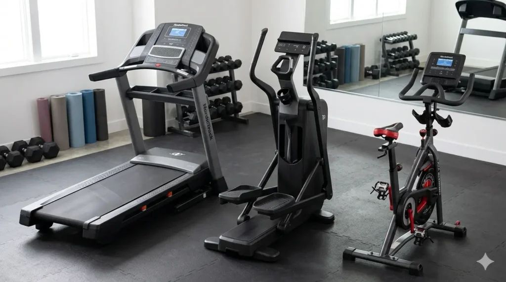 Three cardio machines are shown side-by-side on gym flooring: a treadmill, a compact elliptical, and a stationary bike.