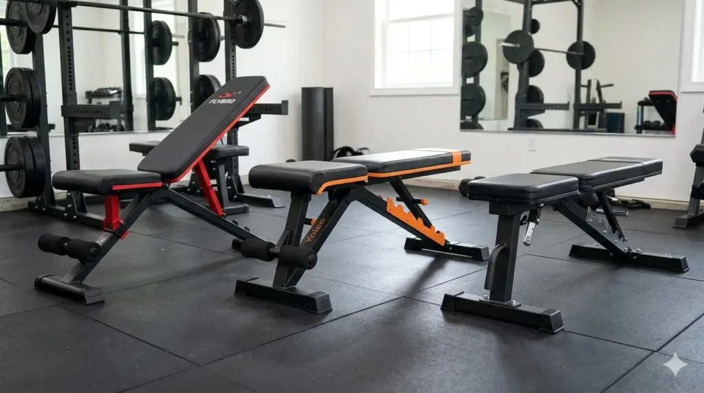 Three adjustable weight benches, labeled from left to right as FLYBIRD, Yoleo, and Amazon Basics, are positioned in a modern home gym with power racks and weight plates in the background. The FLYBIRD bench (red/black) is set in an incline position, the Yoleo bench (orange/black) is flat, and the Amazon Basics bench (black) is also flat, demonstrating their design and adjusting mechanisms.