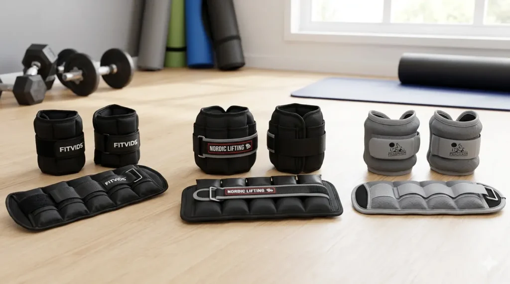 Three sets of adjustable ankle weights—Fitvids, Nordic Lifting, and Fragraim—displayed on a light wood floor in a sunlit home gym.