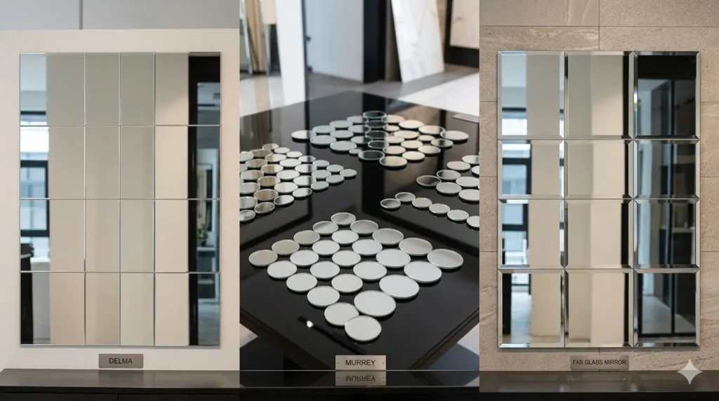 A three-panel product comparison layout showing different styles of glass mirror tiles. The left panel shows "Delma" brand tiles as large, rectangular flat-edge mirrors. The center panel displays "Murrey" brand as small, circular disc-shaped mirror tiles on a black surface. The right panel features "Fab Glass Mirror" brand as square tiles with deep, polished beveled edges.